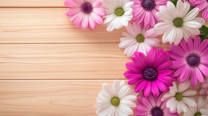 A close-up of a flower pattern made from fresh flowers arranged on a wooden table, creating a nature-inspired design.
