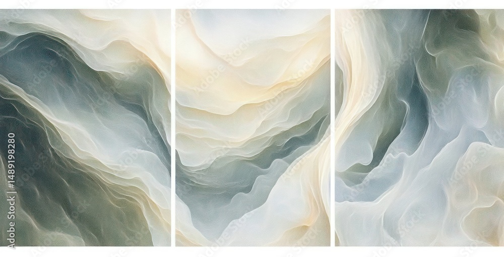 Poster abstract triptych featuring smooth, flowing layers resembling soft fabric or delicate waves in muted