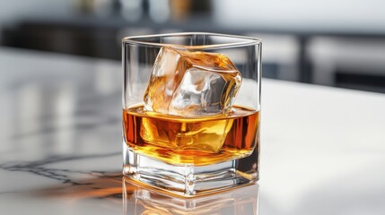 A close-up of a whiskey glass with whiskey poured over a large ice cube, sitting on a polished marble countertop with subtle reflections