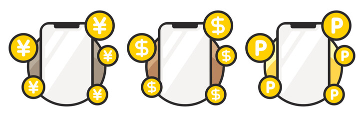 スマホとドルマーク、日本円マーク、ポイントのイメージセット ベクターイラスト