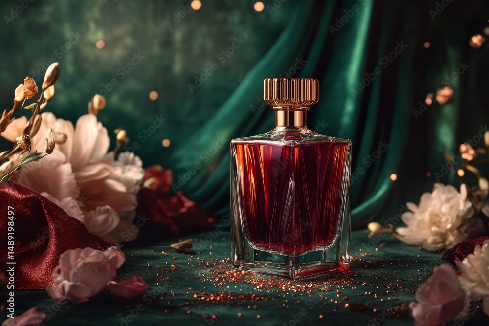 Poster elegant perfume bottle displayed with flowers and fabrics.