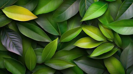 A close-up of leaves from a tropical plant with varying shades of green, showcasing the rich texture and intricate details of the foliage.