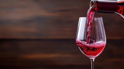 A close-up of pouring Italian red wine into a crystal-clear glass, with the rich color and texture of the wine being highlighted against a dark wooden background