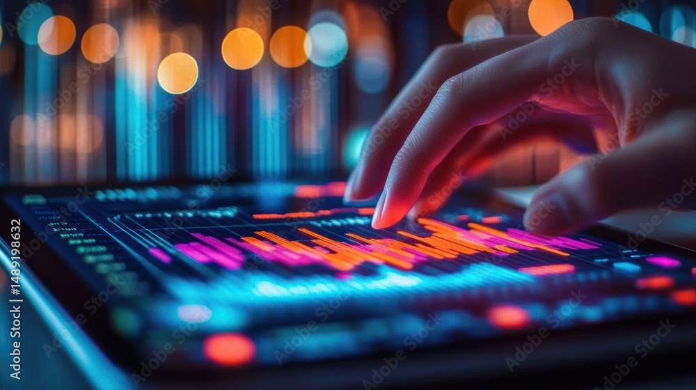 Aufkleber close-up of a finger interacting with a colorful digital touch screen displaying dynamic charts and 