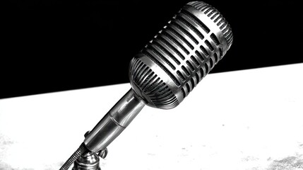 Obraz premium Close-up of a vintage silver microphone on a stand against a black and white background, evoking a classic and timeless atmosphere