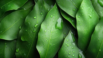 A close-up shot of dewy leaves with rich green hues, showcasing the fine textures and intricate veins of the foliage.