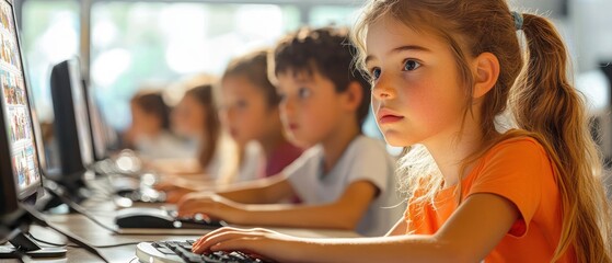 Young children focused on computer screens in a classroom setting with natural light in the background