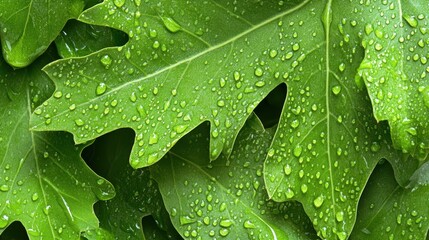 A close-up shot of dewy leaves with rich green hues, showcasing the fine textures and intricate veins of the foliage.