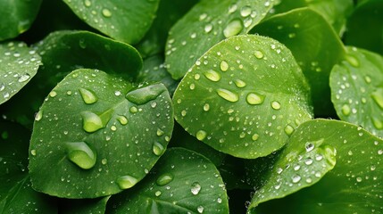 A close-up shot of dewy leaves with rich green hues, showcasing the fine textures and intricate veins of the foliage.