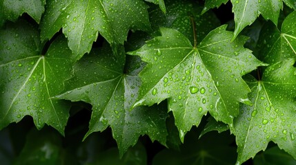 A close-up shot of dewy leaves with rich green hues, showcasing the fine textures and intricate veins of the foliage.