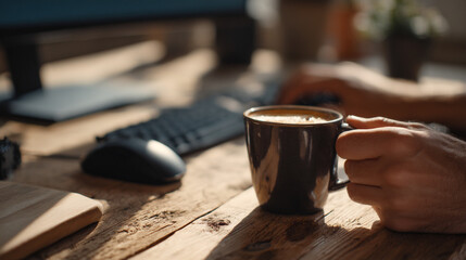 Fototapeta na wymiar Morning coffee at desk with computer and keyboard for productivity and focus work lifestyle concept