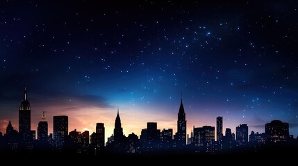 A dark skyline silhouette with iconic buildings and a starry night sky, evoking a sense of peace and the quiet beauty of the city at night.