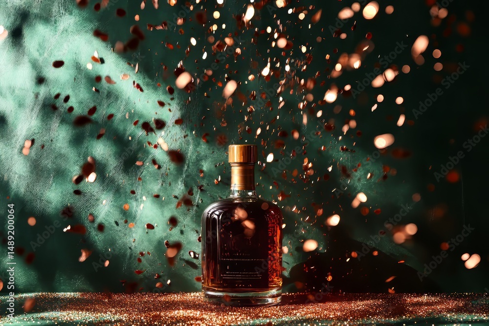 Poster dark green backdrop showcasing a bottle with festive elements.