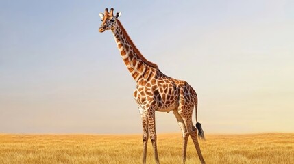 Obraz premium A graceful giraffe standing tall in an African savanna, surrounded by golden grass under a clear sky.