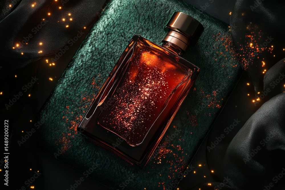 Poster a rectangular perfume bottle resting on a dark teal surface.