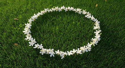 A delicate circle of small, white flowers is neatly arranged on a bed of vibrant green grass, dappled with sunlight. A simple, beautiful expression of nature's artistry.