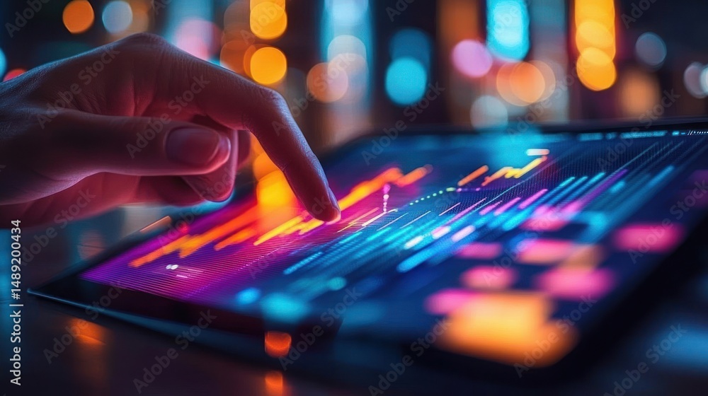 Poster close-up of a finger interacting with a colorful digital touchscreen displaying graphs and data in a