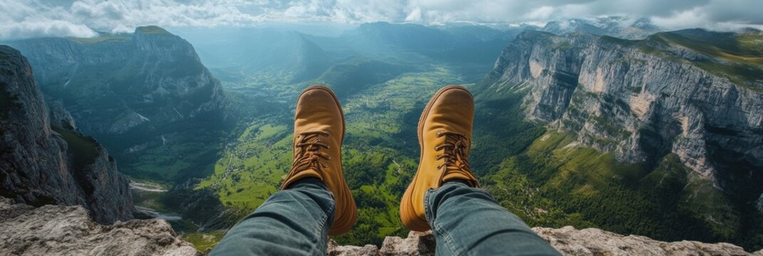 Discovering breathtaking views while resting at the cliffs edge above a stunning valley and mountain range during a peaceful day outdoors