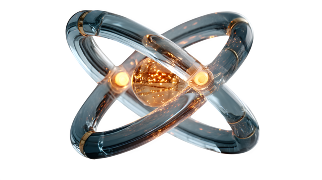 A glowing 3D atom icon with orbiting electrons, representing science and innovation, placed on white --ar 16:9 --v 7.0 --s 750