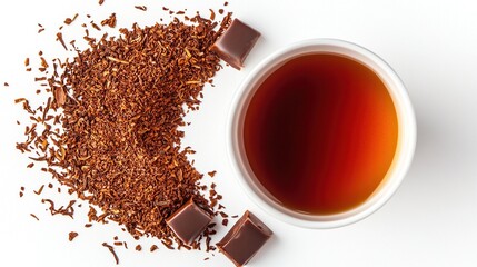 Obraz premium Rooibos tea in cup with chocolate pieces and loose tea leaves scattered