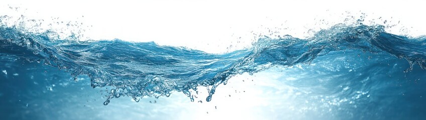 Close-up view of dynamic blue water waves and splashes against a white background with light reflections