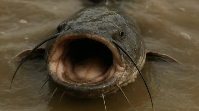 Close up of catfish open mouth in water, big fish, whiskers, river monster, fishing, wildlife, nature 4k uhd video