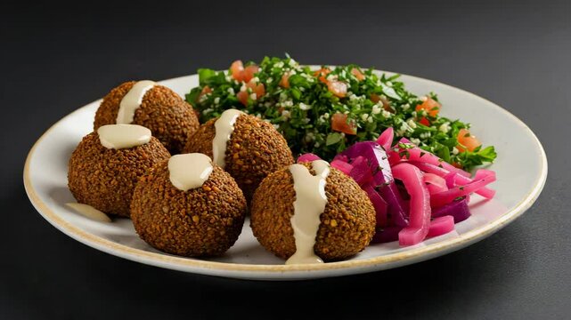 Plate of falafel served with tabbouleh and pickled vegetables  