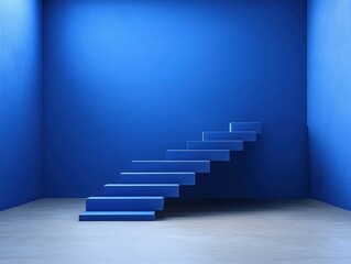 Fototapeta premium Minimalist blue floating staircase ascending against a smooth blue wall in an empty modern room with gray floor, evoking a sense of calm and contemplation