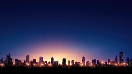 Fototapeta premium A panoramic city skyline silhouette at twilight, with glowing lights from buildings and a deep blue sky stretching across the horizon.