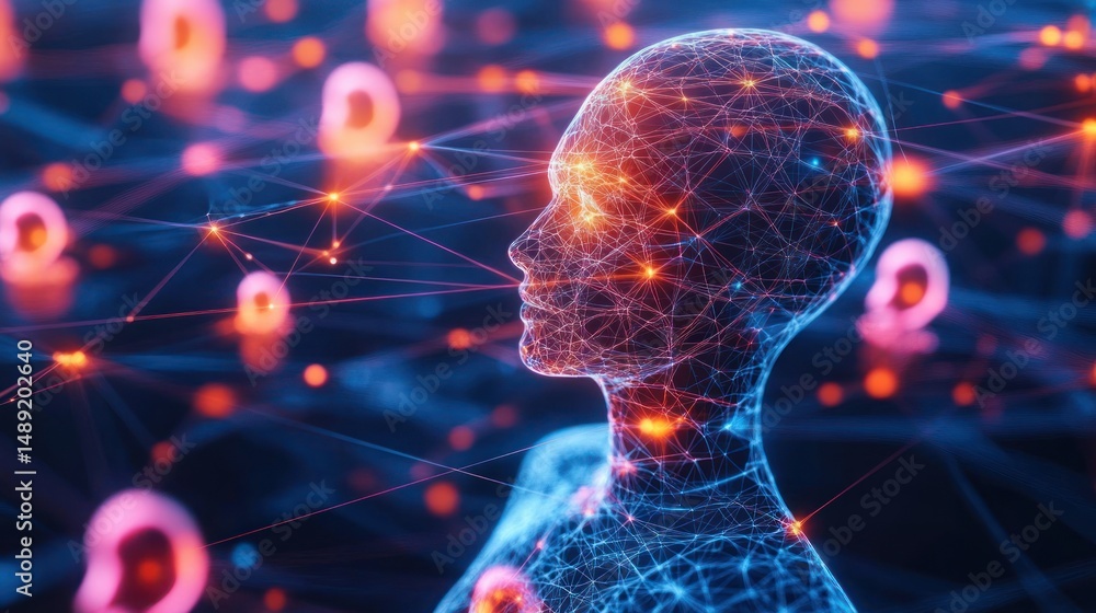 Poster futuristic digital human figure composed of glowing neural network lines with interconnected orange 