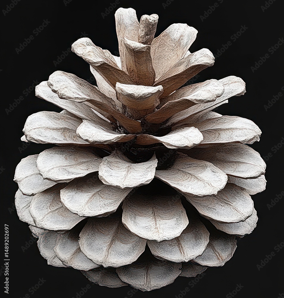 Poster close-up of a single light-colored pine cone with detailed scales against a solid black background s