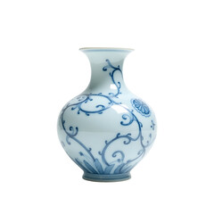 Elegant translucent porcelain vase adorned with intricate swirling blue floral designs against a simple backdrop