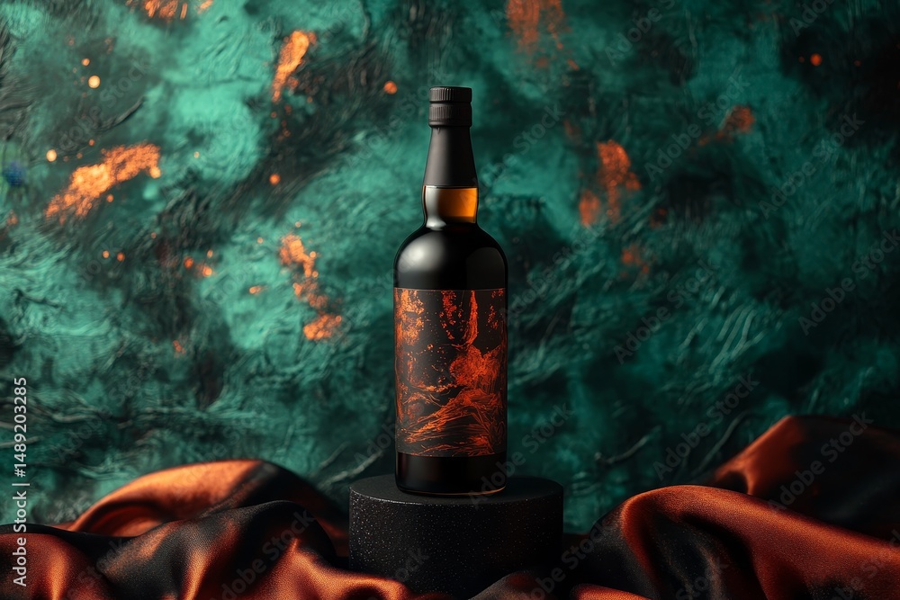 Poster dark, opulent bottle displayed on a textured backdrop.