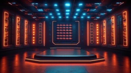 Futuristic high-tech room with glowing blue and orange lights surrounding a central stage platform, evoking a sleek and modern technological atmosphere