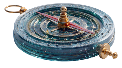 A glowing 3D compass icon with holographic textures, symbolizing exploration and discovery, set against white --ar 16:9 --v 7.0 --s 750