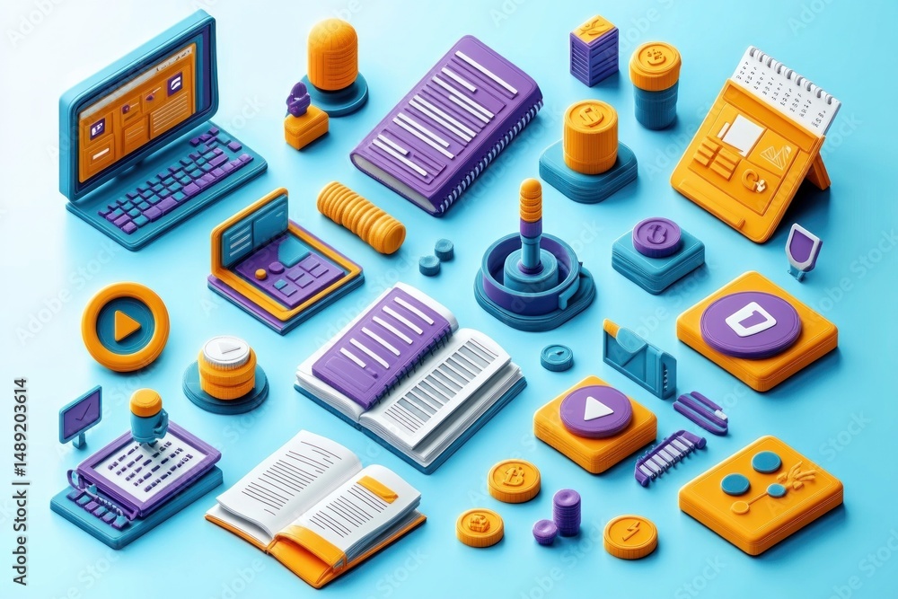 Poster colorful digital and physical objects representing finance, technology, books, and data analysis arr