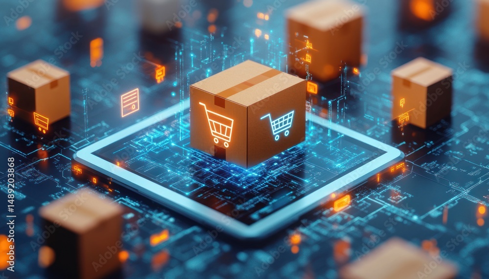 Poster digital network with cardboard boxes featuring shopping cart icons floating above a glowing tablet within a futuristic e-commerce concept