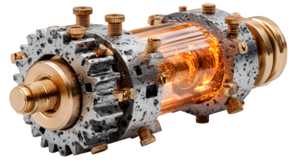 A glowing 3D gear icon with metallic textures, representing machinery and precision, shown on white --ar 16:9 --v 7.0 --s 750