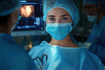 Focused female surgeon wearing surgical mask and cap during operation in a dimly lit operating room