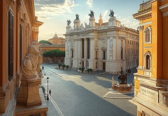 Obraz premium Sunlit historic city square with ornate statues, classical architecture, and a prominent white stone building with sculptures and columns under a partly cloudy sky
