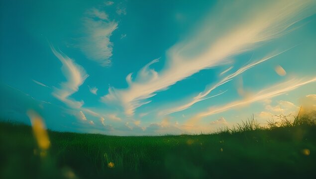 Vibrant streaks of clouds stretch across a blue sky, creating a dynamic and lively atmosphere. The horizon is lined with a grassy field, gently illuminated by the warm light of the setting sun.