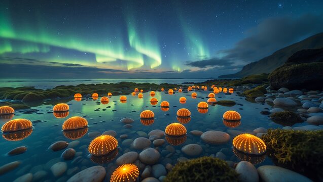 Glowing Orbs on Rocky Beach Under Northern Lights with Water Reflection