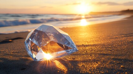 Obraz premium Radiant crystal on sandy beach at sunset ocean waves background