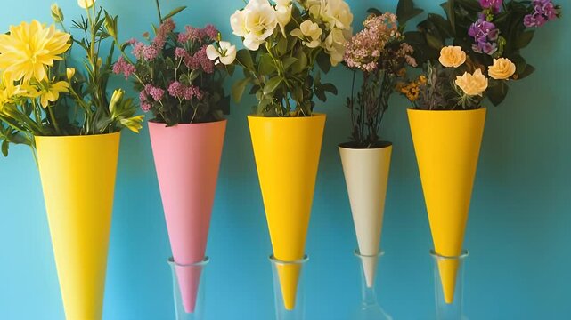 Vibrant Yellow Pink and White Flowers in Matching Pots Set Against a Light Blue Background