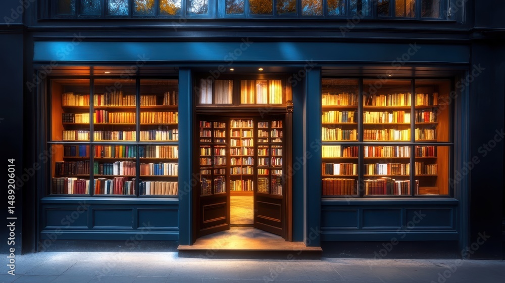 Poster a storefront of a bookstore, with neatly arranged books visible through the windows, inviting custom