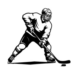 A black and white vector illustration of a hockey player in action with a puck on a white background