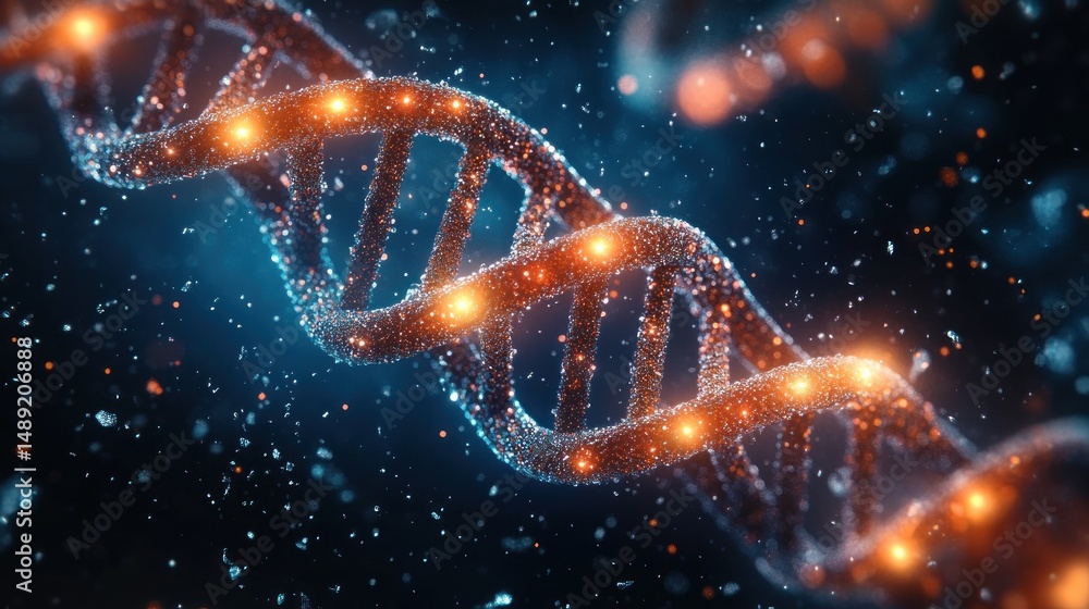 Poster close-up of glowing digital dna helix structure with illuminated segments set against a dark backgro