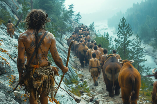 Stone Age mammoth predator surrounded by primitive men with weapons.