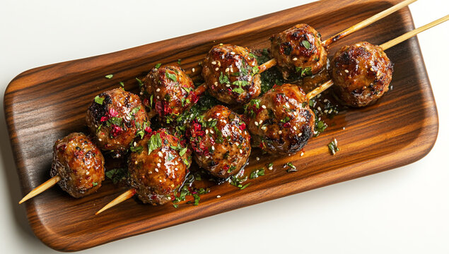Sada boloiv Grilled meatballs with spices on wooden plate on dark background