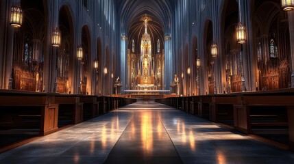 Fototapeta premium A wide-angle view of a cathedrals grand altar, with rows of pews leading up to a majestic focal point.